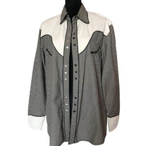 Scully Western Cowboy Shirt: Decorative Arrows, Black Snaps, Black & Tan Check M